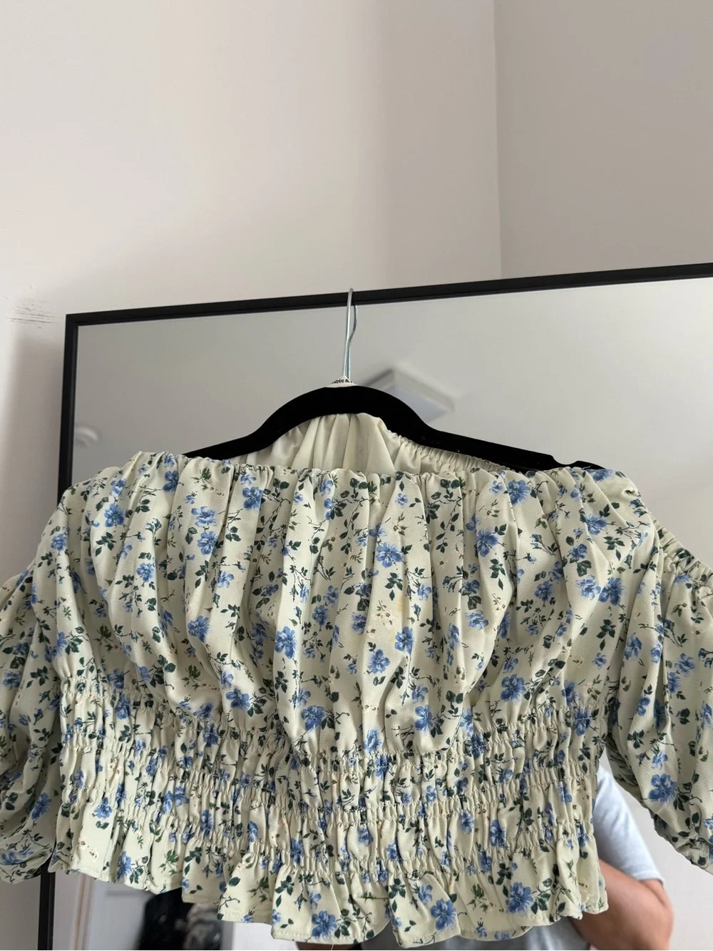 Smocked Off-Shoulder Blouse in Sage with Blue Floral